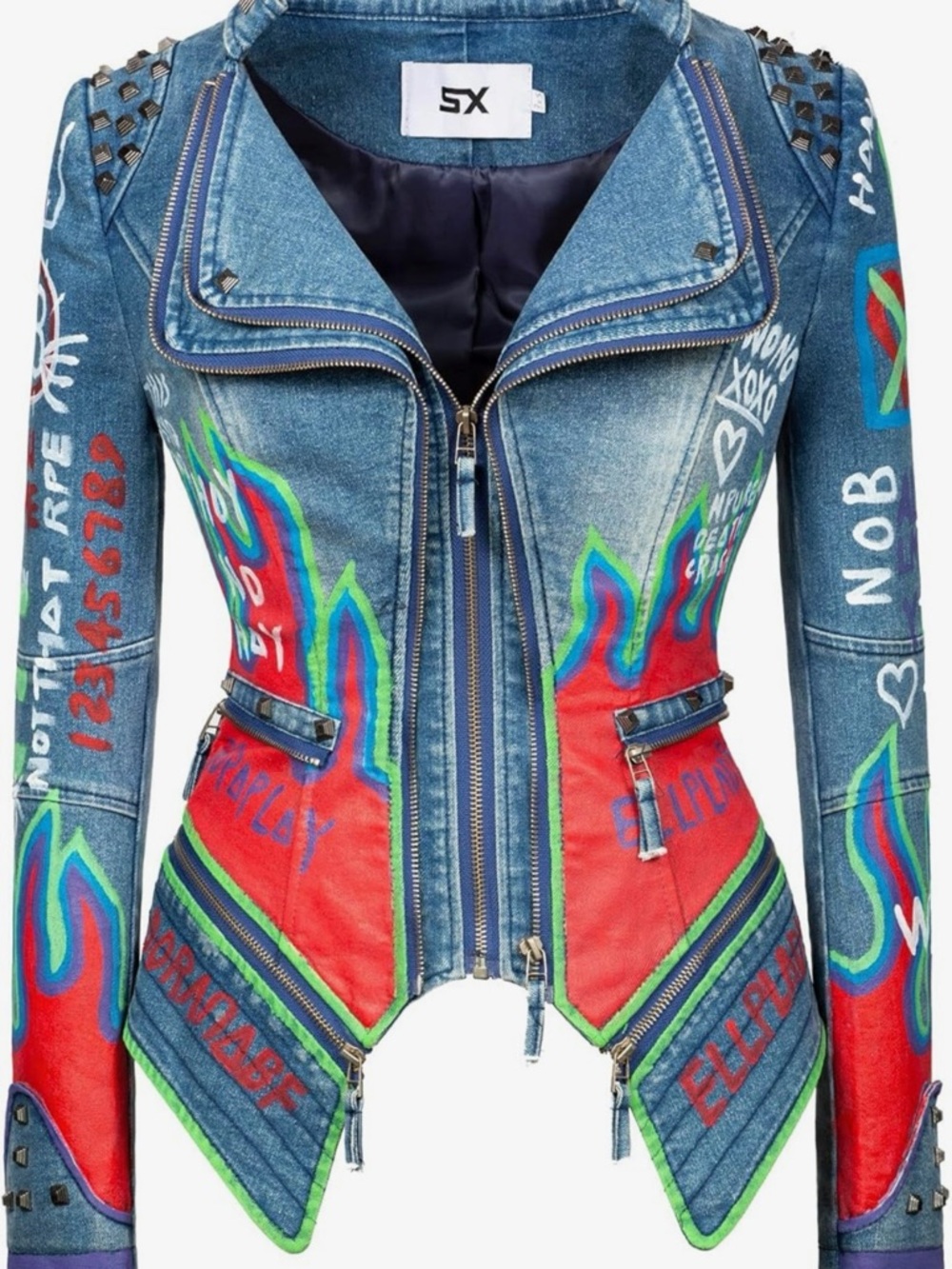 Fashion SX Hand Painted Denim Moto Jacket - Blue & Red Flame Design